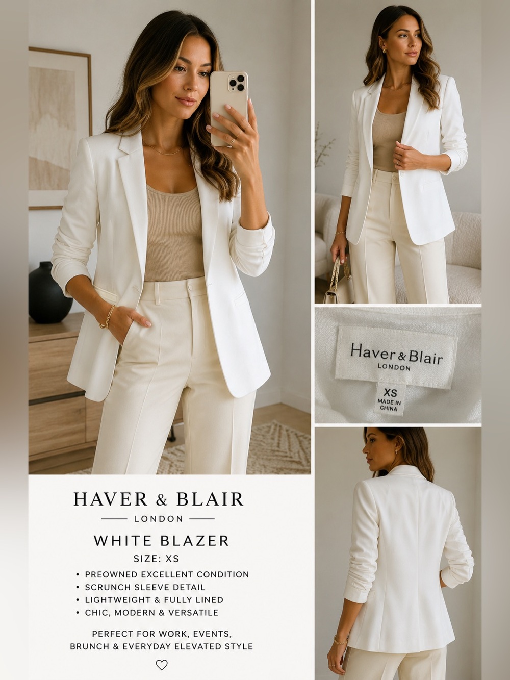 Haver & Blair London White Blazer XS Scrunch Sleeve Quiet Luxury Minimalist